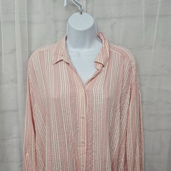 Jane + Delancey Pink White Striped Roll Tab Hi-low Blouse Beach Summer M - Picture 2 of 13